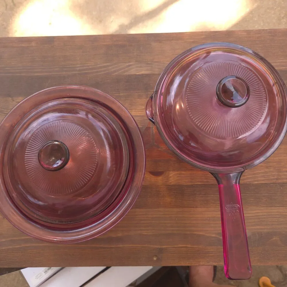 Vintage Corning Visions Cranberry Saucepan & 24 oz Casserole Set w/ Lids USA